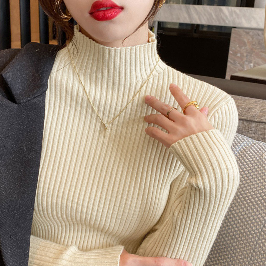 Women's Bottle Neck Rib Knit Top