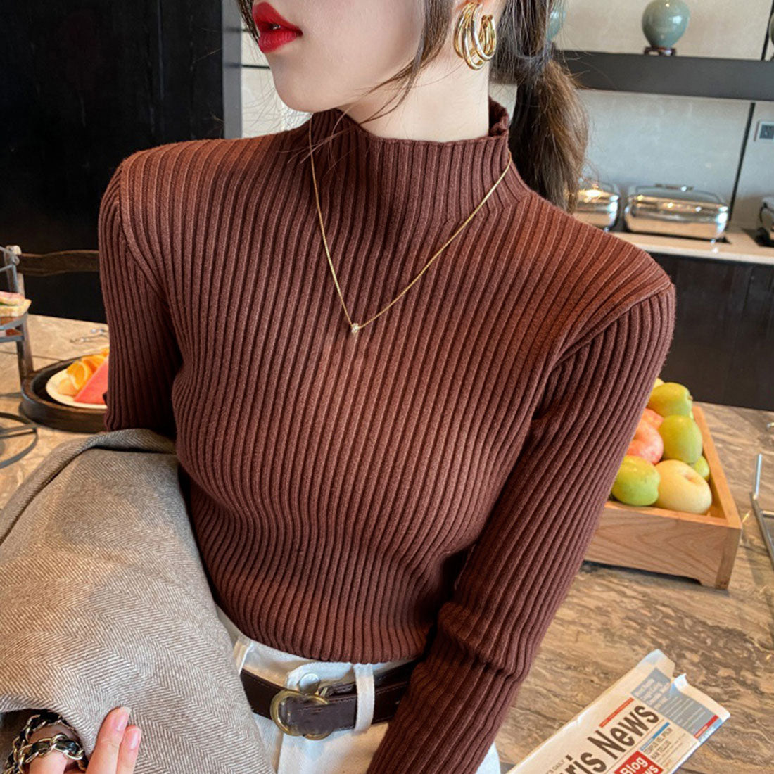 Women's Bottle Neck Rib Knit Top