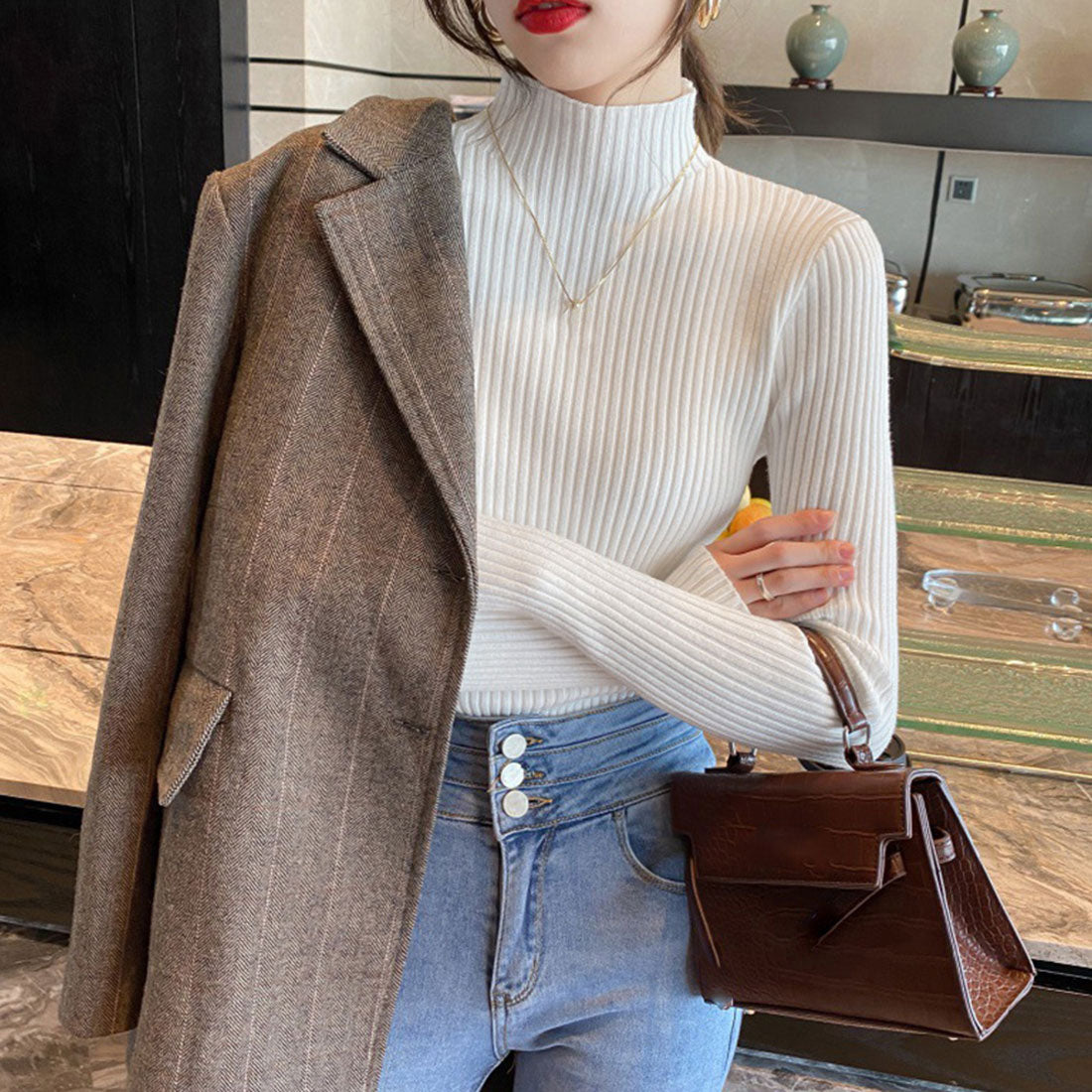 Women's Bottle Neck Rib Knit Top