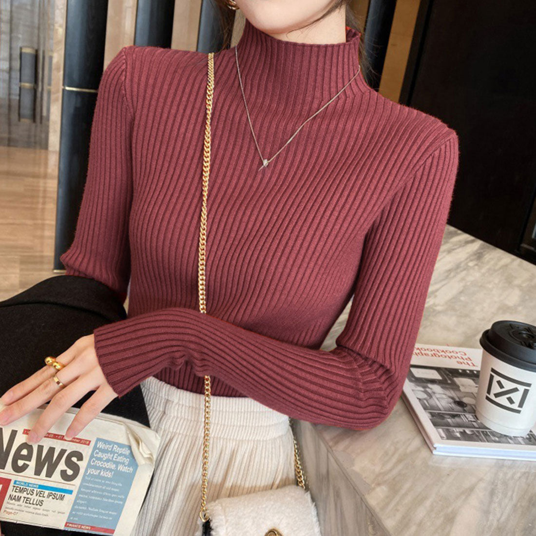 Women's Bottle Neck Rib Knit Top
