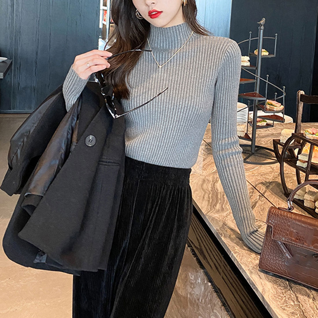 Women's Bottle Neck Rib Knit Top