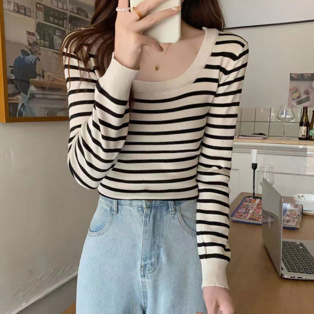 Striped knit top with square neck