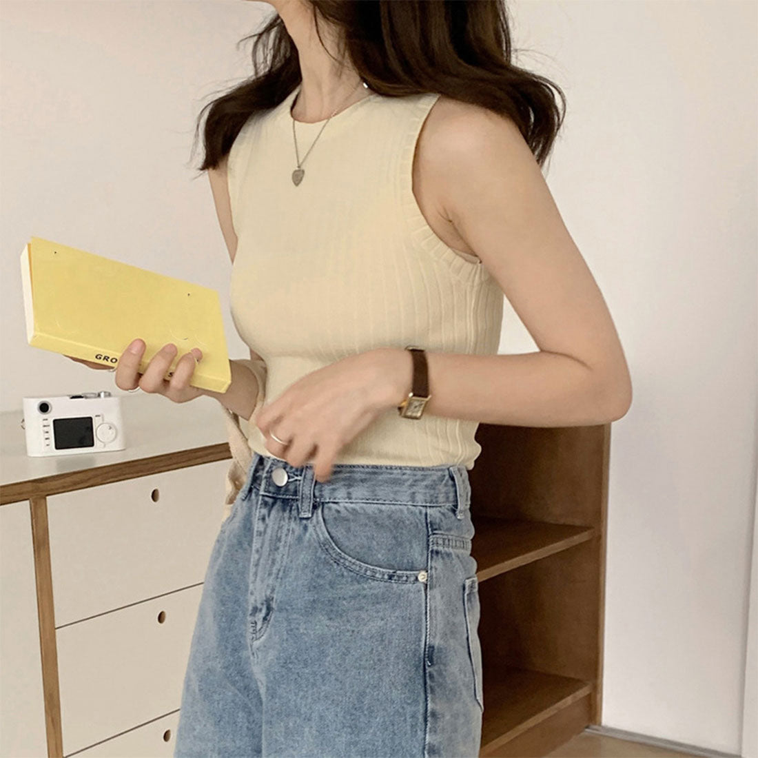 リブニット タンクトップ レディース春夏 ベージュ