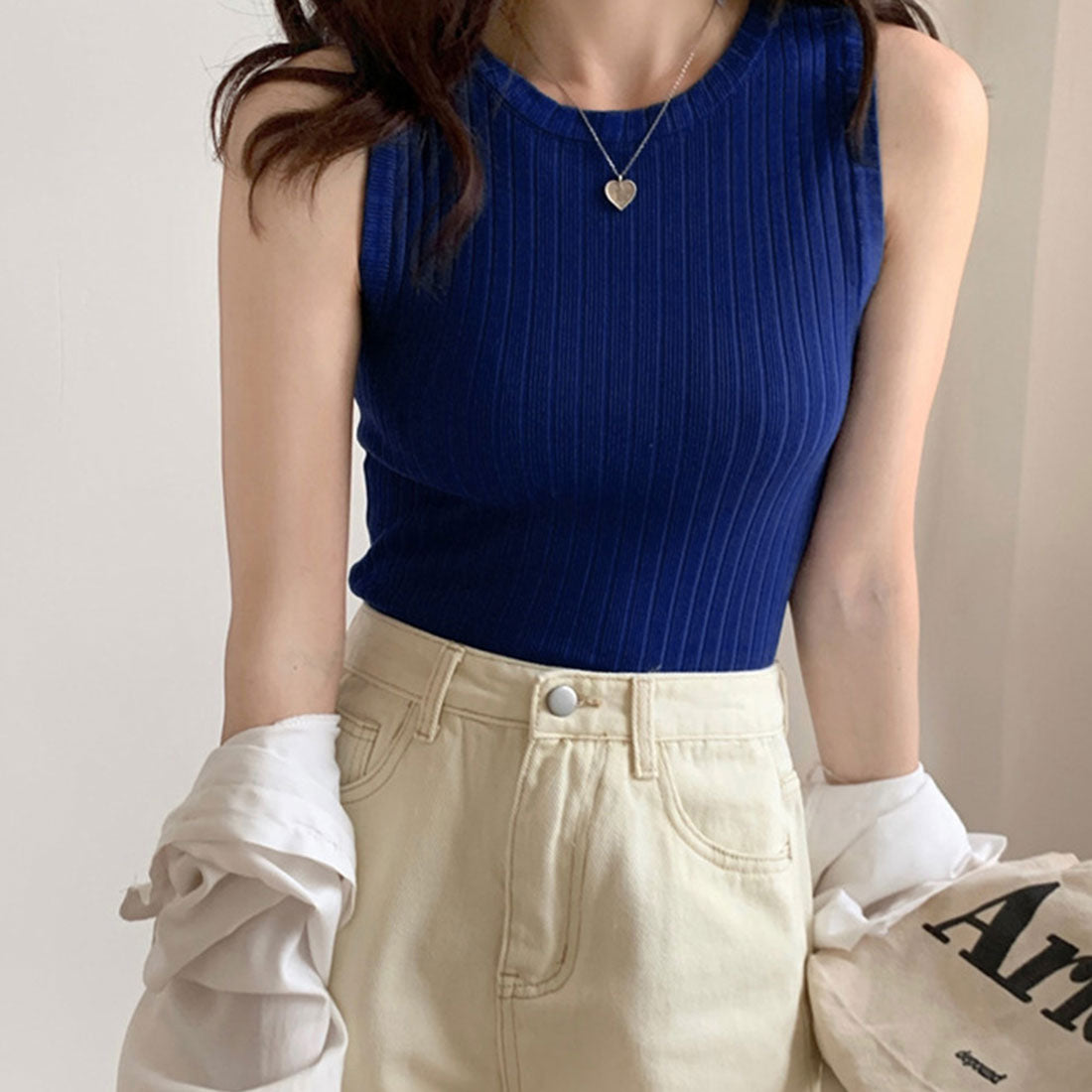 リブニット タンクトップ レディース春夏 ベージュ