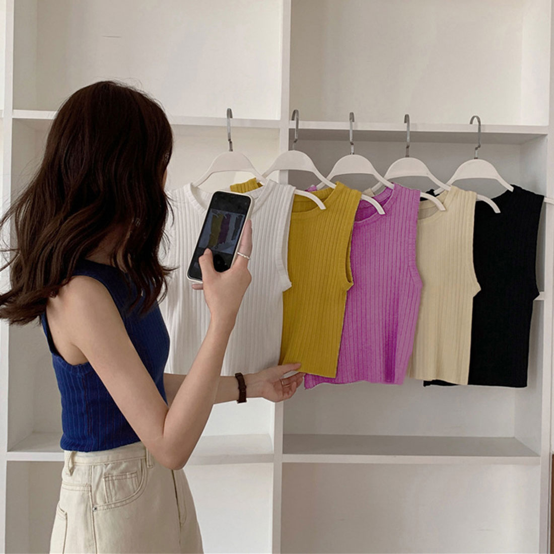 リブニット タンクトップ レディース春夏 ベージュ