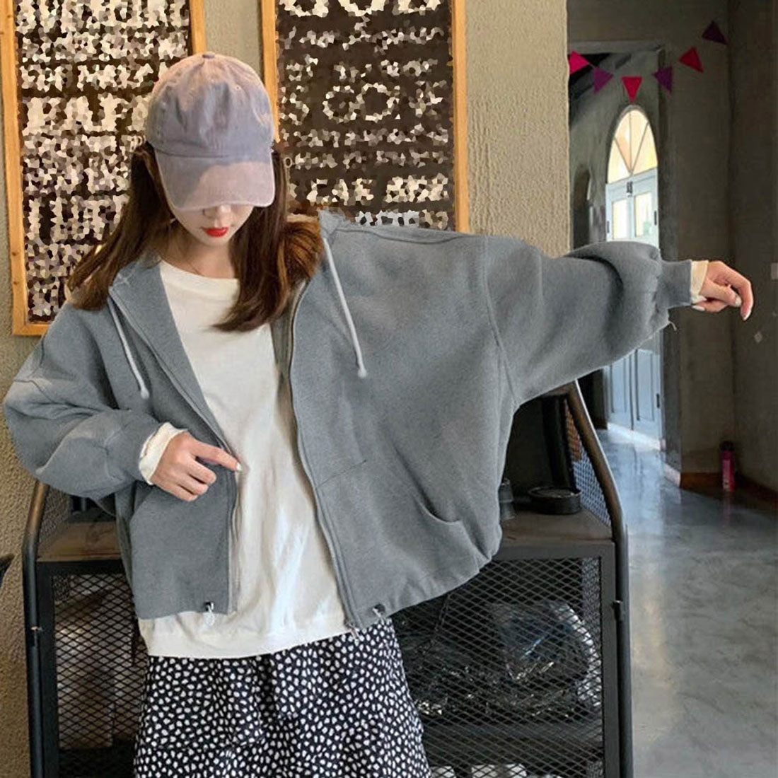 ジップアップパーカー レディース 春秋冬 グレー