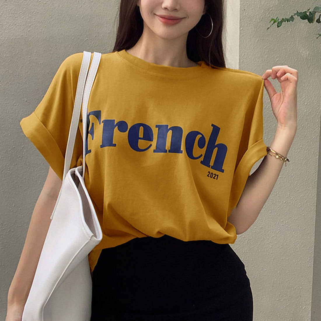 フレンチスリーブ 英字ロゴTシャツ 韓国