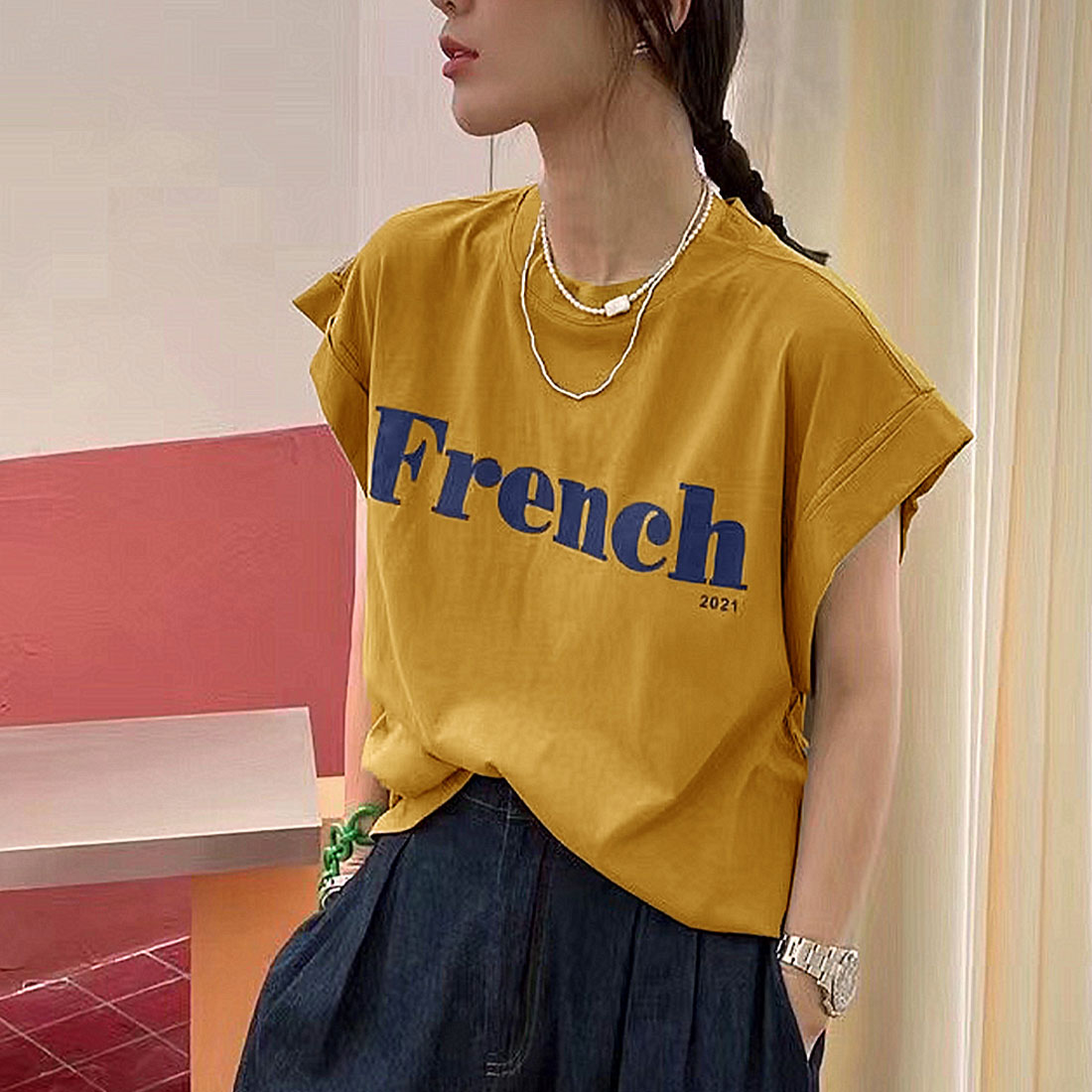 フレンチスリーブ 英字ロゴTシャツ 韓国