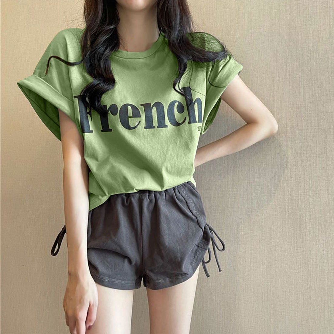 フレンチスリーブ 英字ロゴTシャツ 韓国