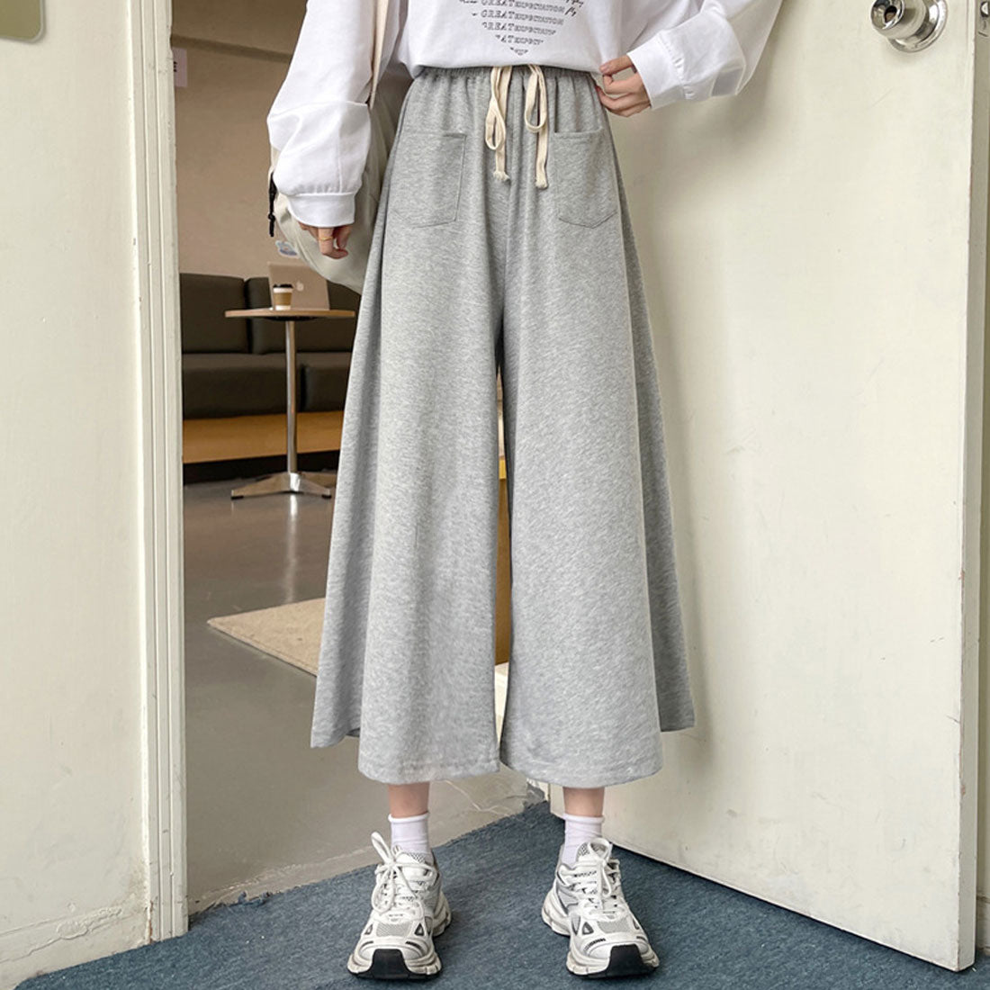 スウェットワイドパンツ ウエストゴム韓国,グレー