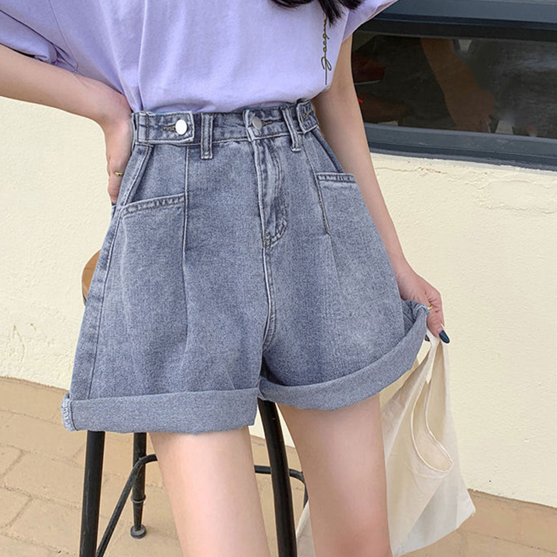 ロールアップ デニムショートパンツ 美脚,サックス