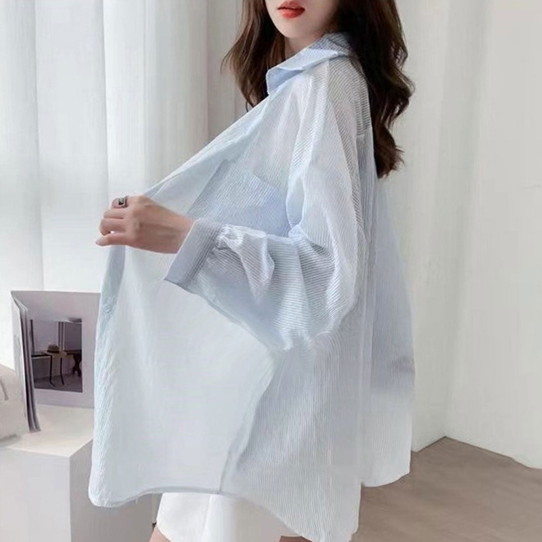 ストライプ ブラウス シアーシャツ 夏服