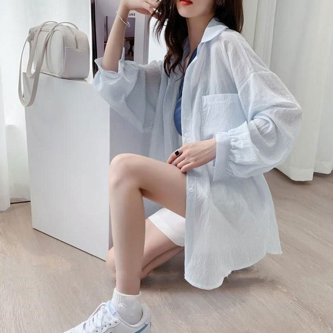 ストライプ ブラウス シアーシャツ 夏服