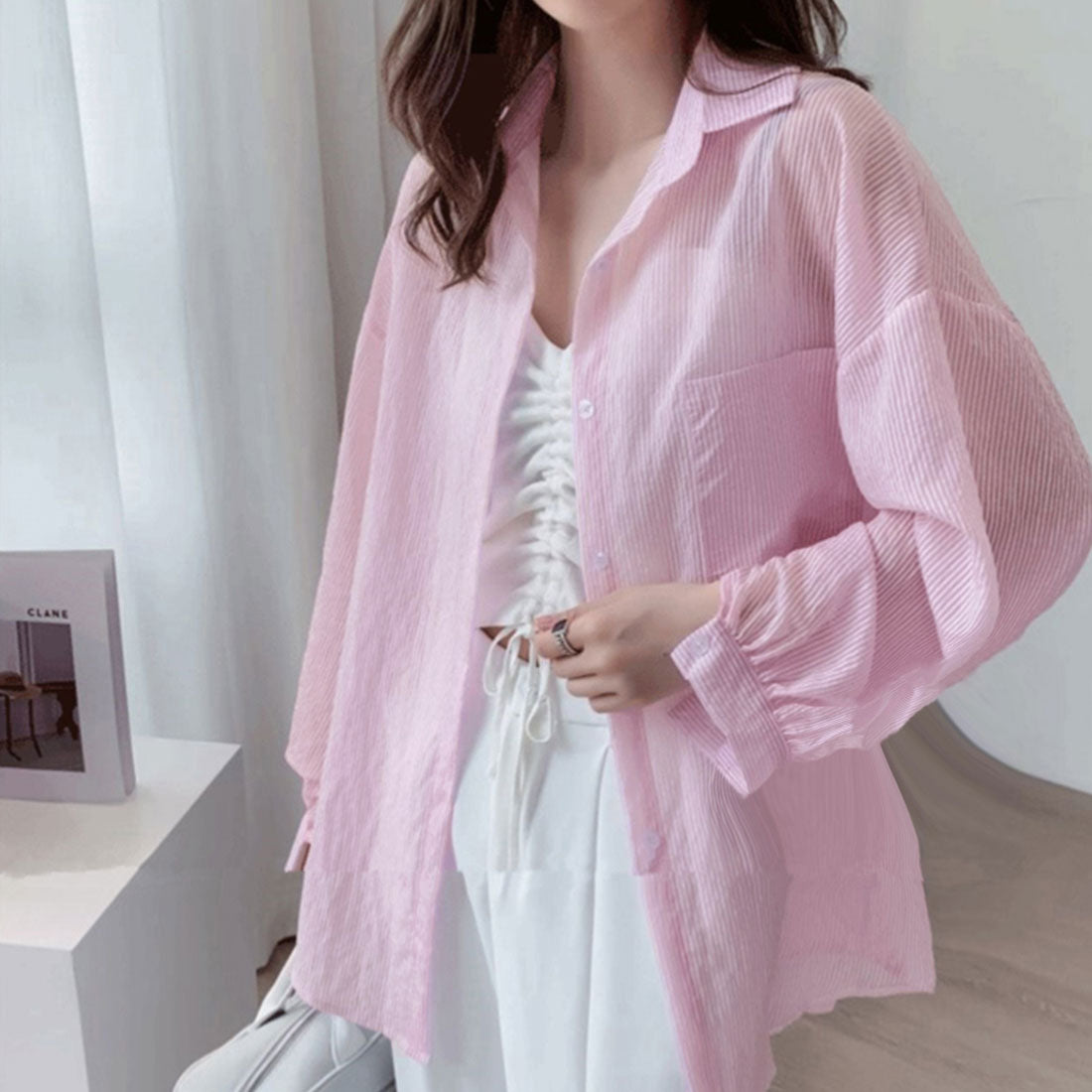 ストライプ ブラウス シアーシャツ 夏服,ピンク