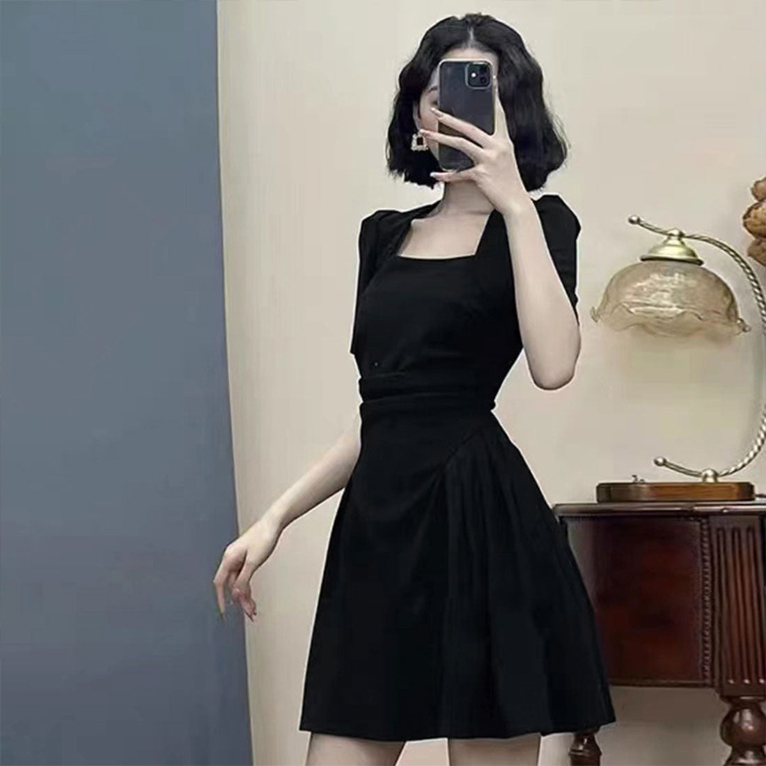 ミニワンピース レディース 夏服半袖韓国 ブラック