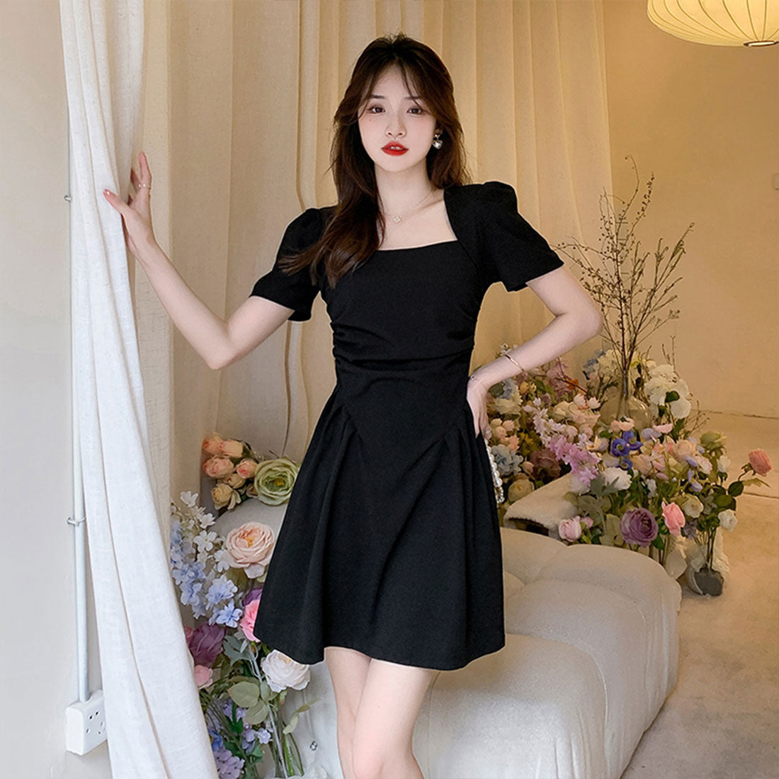 ミニワンピース レディース 夏服半袖韓国 ブラック