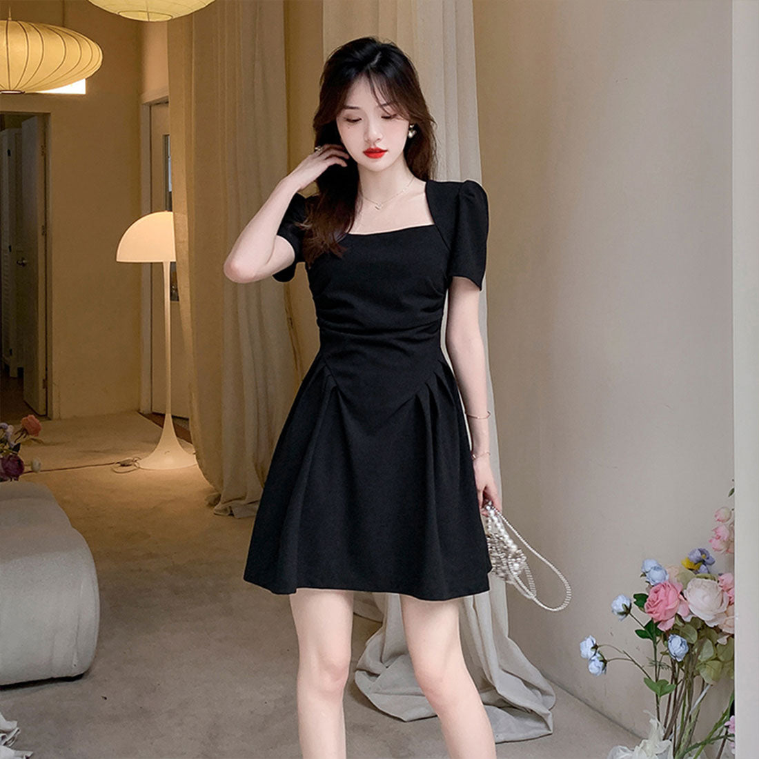 ミニワンピース レディース 夏服半袖韓国 ブラック