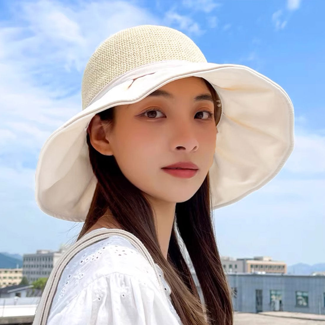 日焼け防止帽子 レディースストローハット ベージュ
