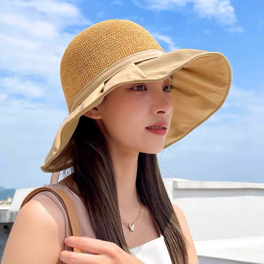 日焼け防止帽子 レディースストローハット ベージュ