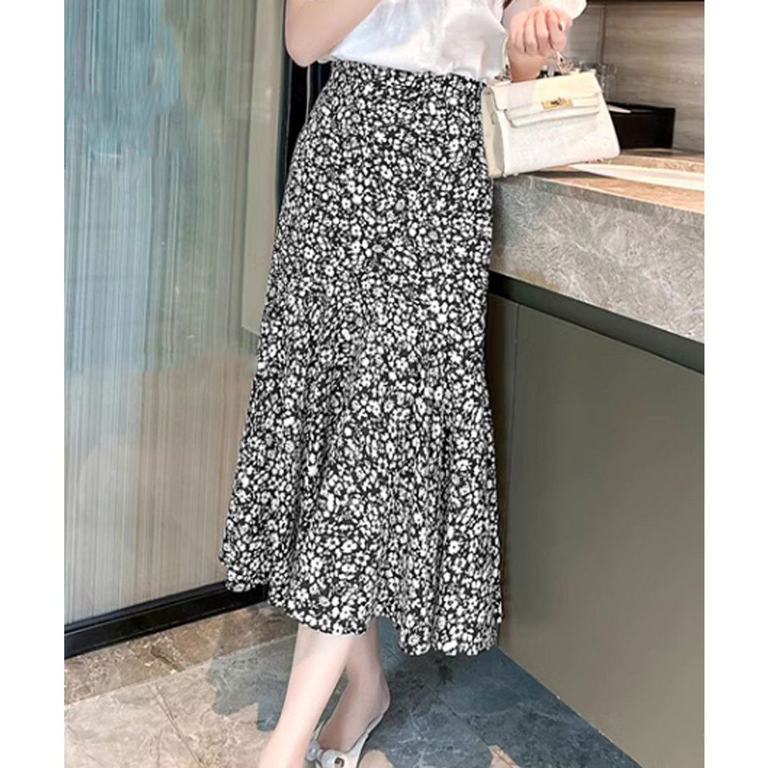 フレアスカート 小花柄マーメイドスカート ブラック