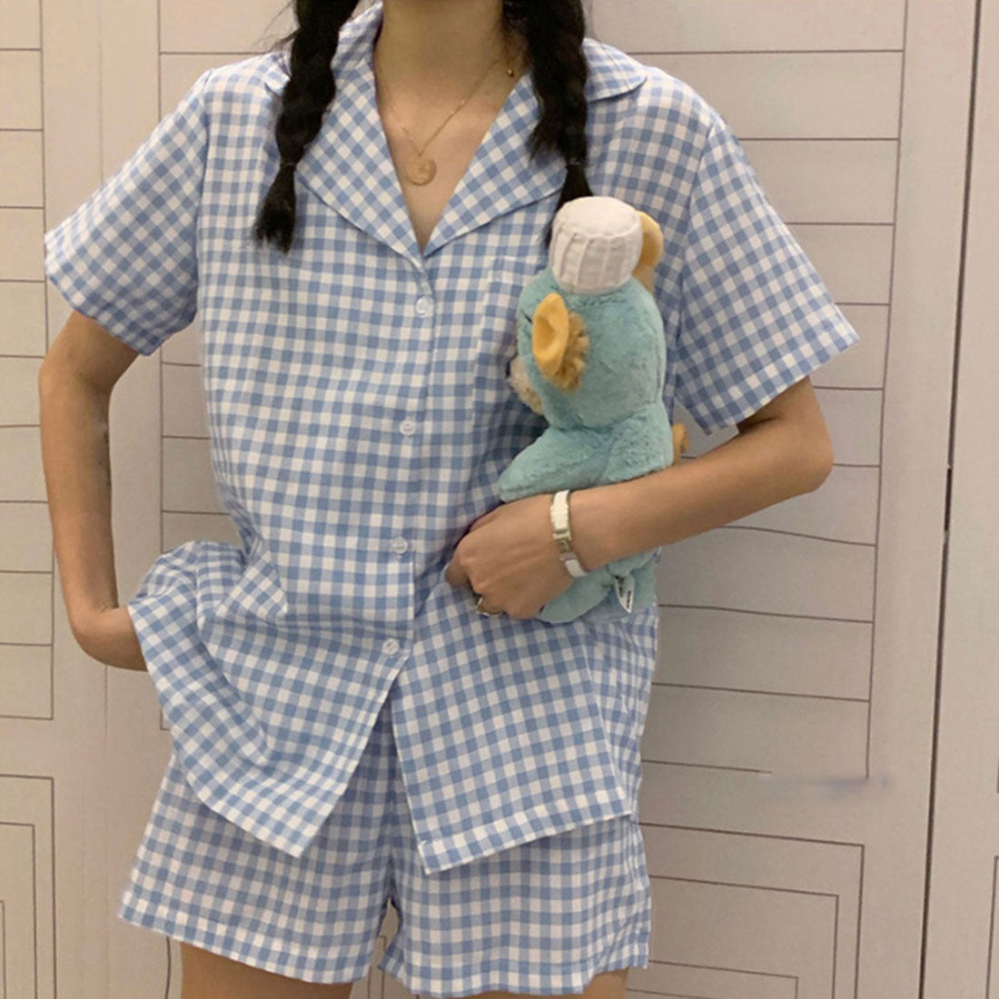 韓国 パジャマ 上下セット ルームウェア ブルー