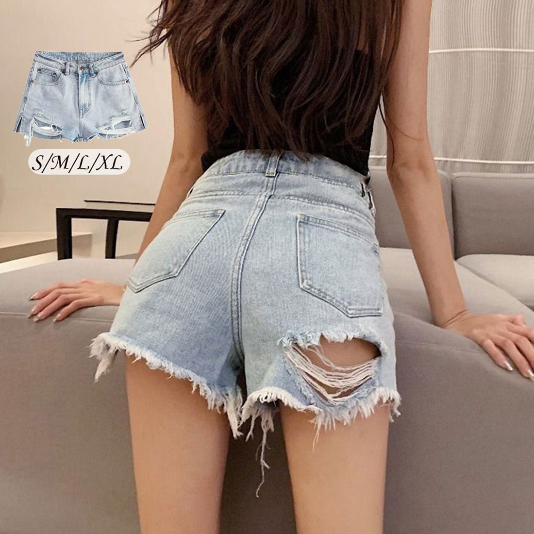 デニムショートパンツ ダメージレディース サックス