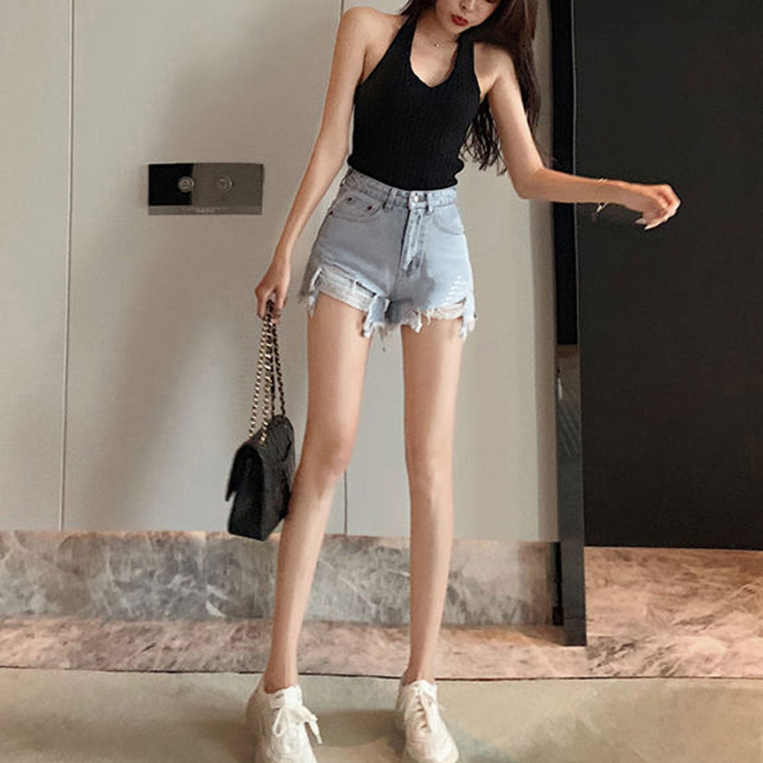 デニムショートパンツ ダメージレディース サックス