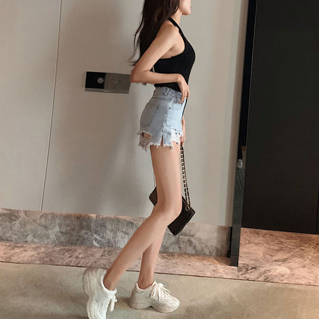 デニムショートパンツ ダメージレディース サックス
