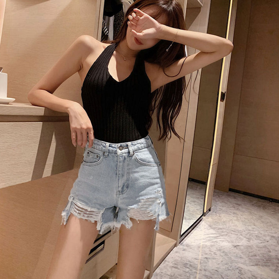 デニムショートパンツ ダメージレディース サックス