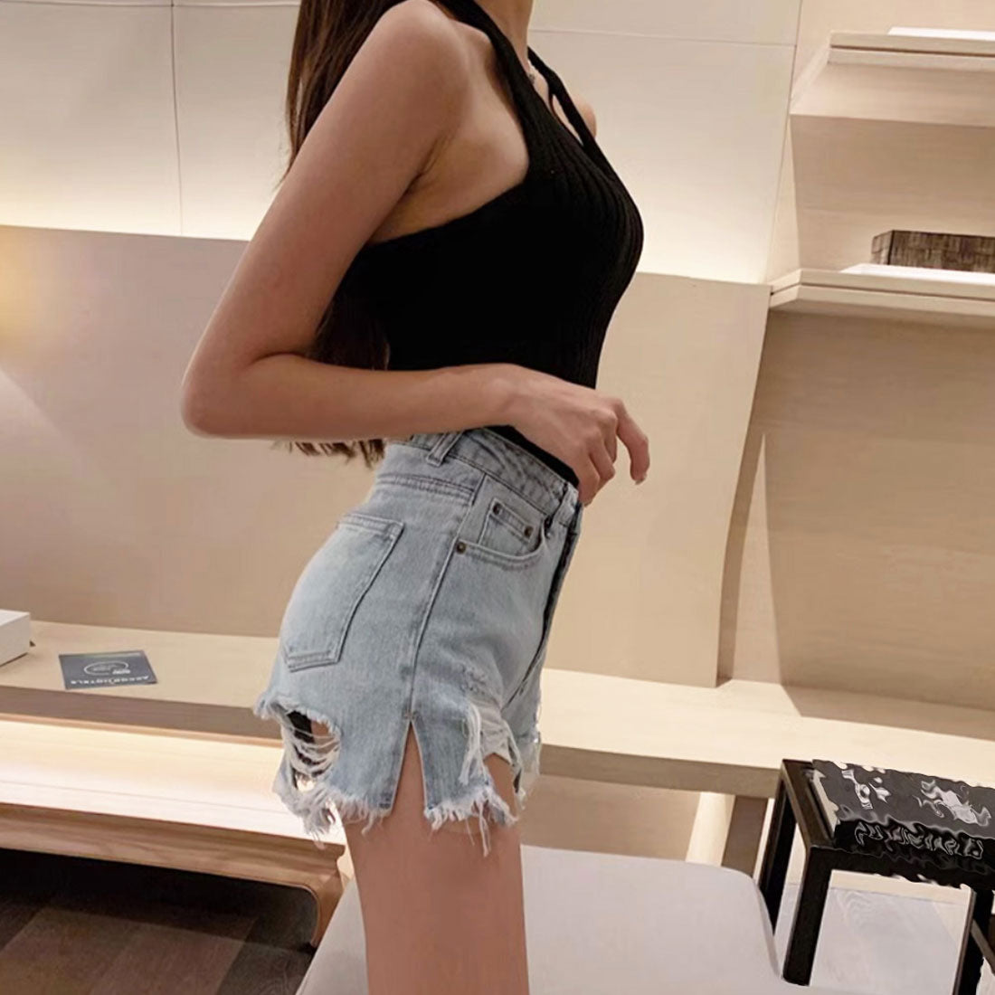 デニムショートパンツ ダメージレディース サックス
