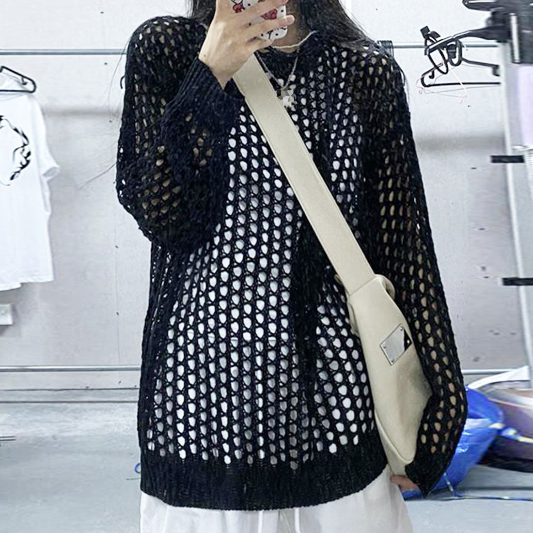 メッシュニット 透かし編みトップス 長袖,ブラック