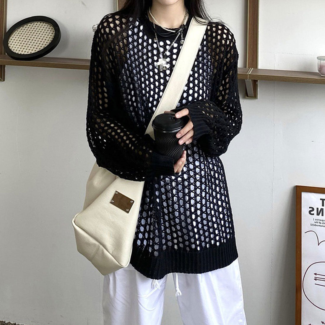 メッシュニット 透かし編みトップス 長袖