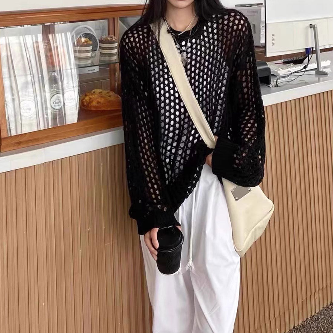 メッシュニット 透かし編みトップス 長袖