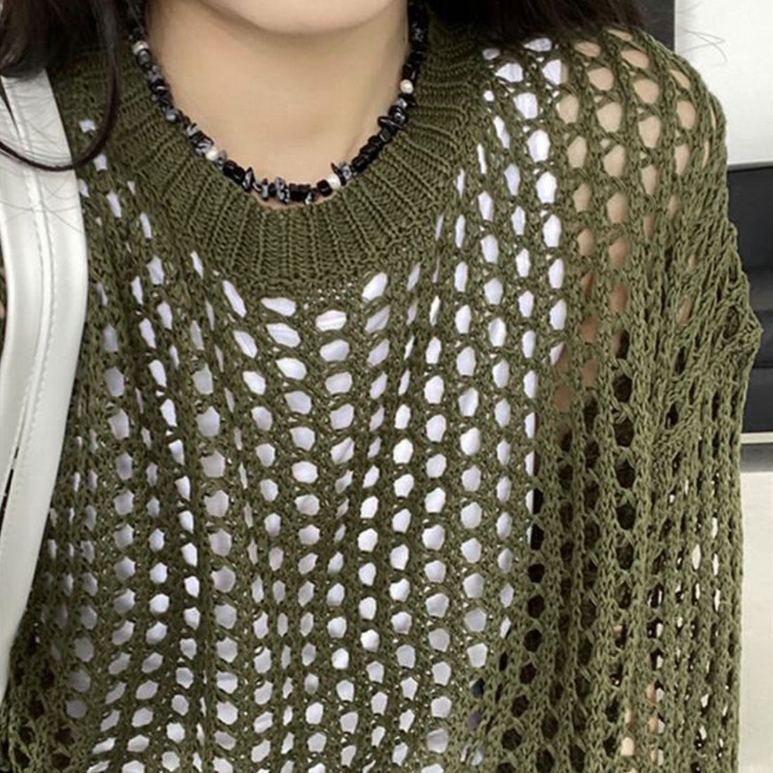 メッシュニット 透かし編みトップス 長袖