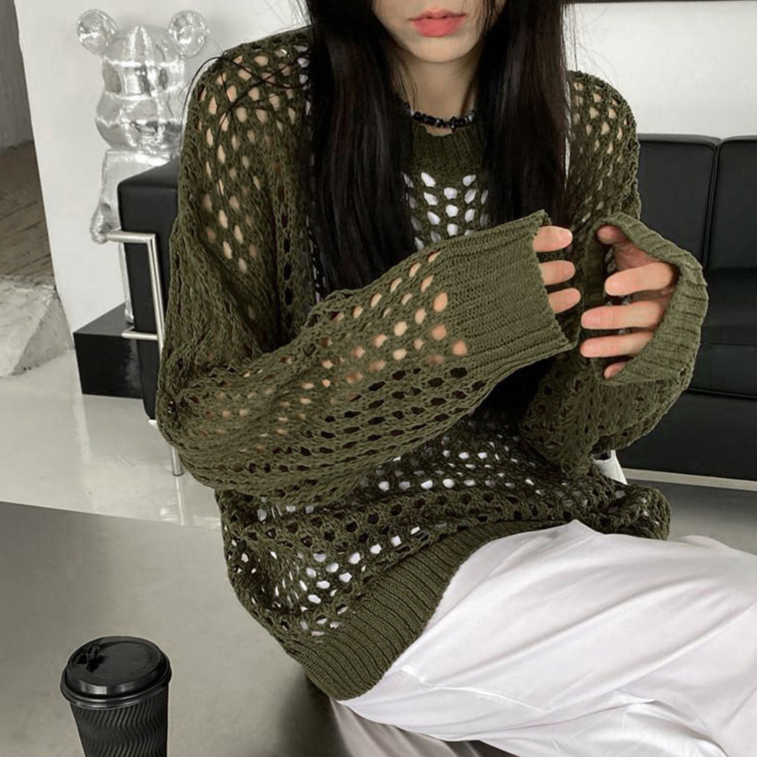 メッシュニット 透かし編みトップス 長袖