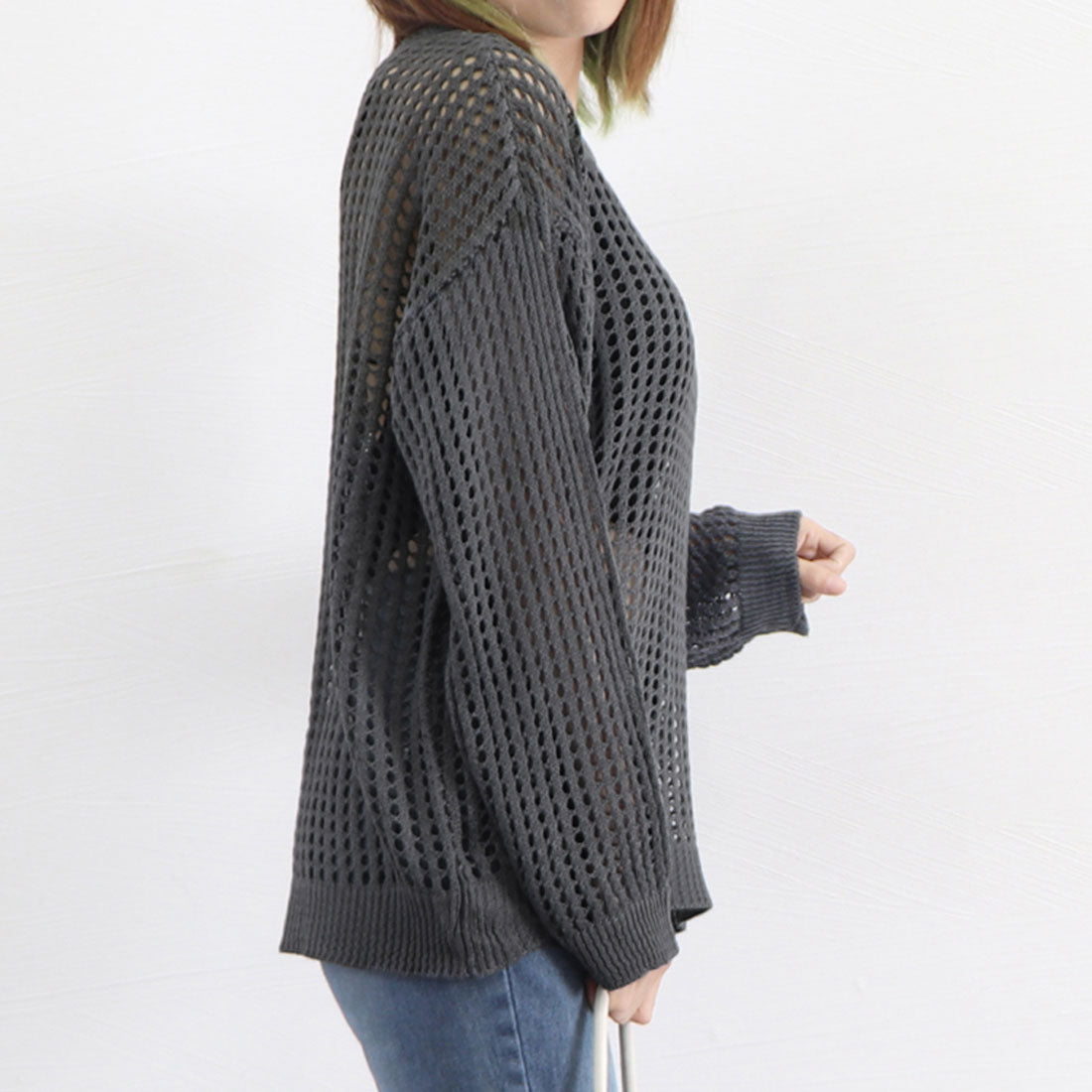メッシュニット 透かし編みトップス 長袖