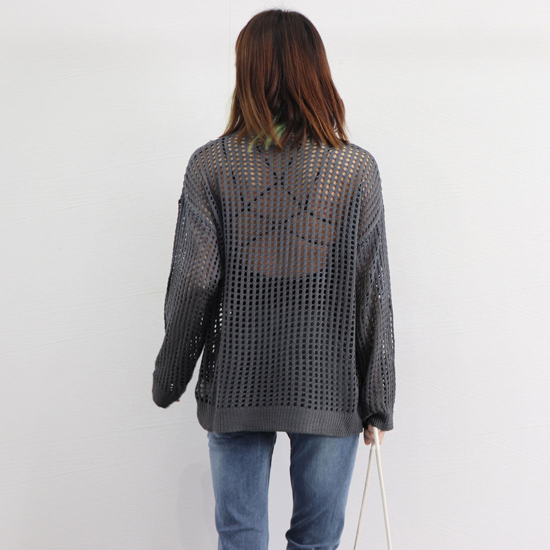 メッシュニット 透かし編みトップス 長袖