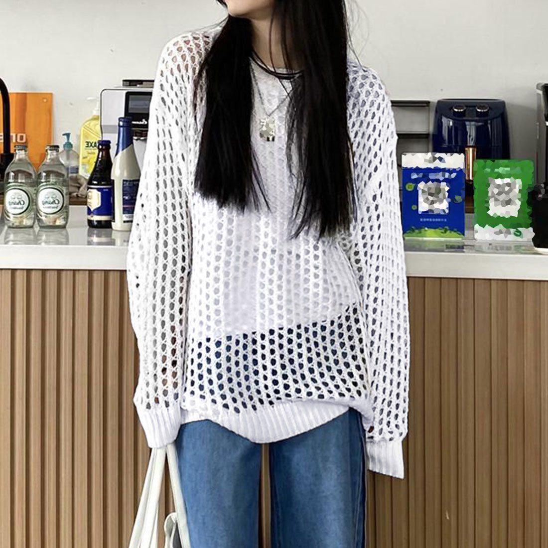 メッシュニット 透かし編みトップス 長袖,ホワイト