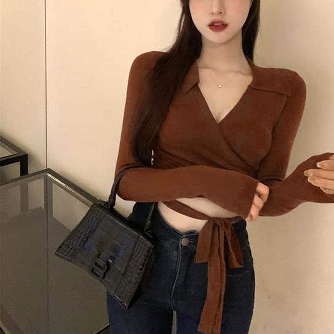 カシュクールニット 着やせトップス 韓国 グリーン