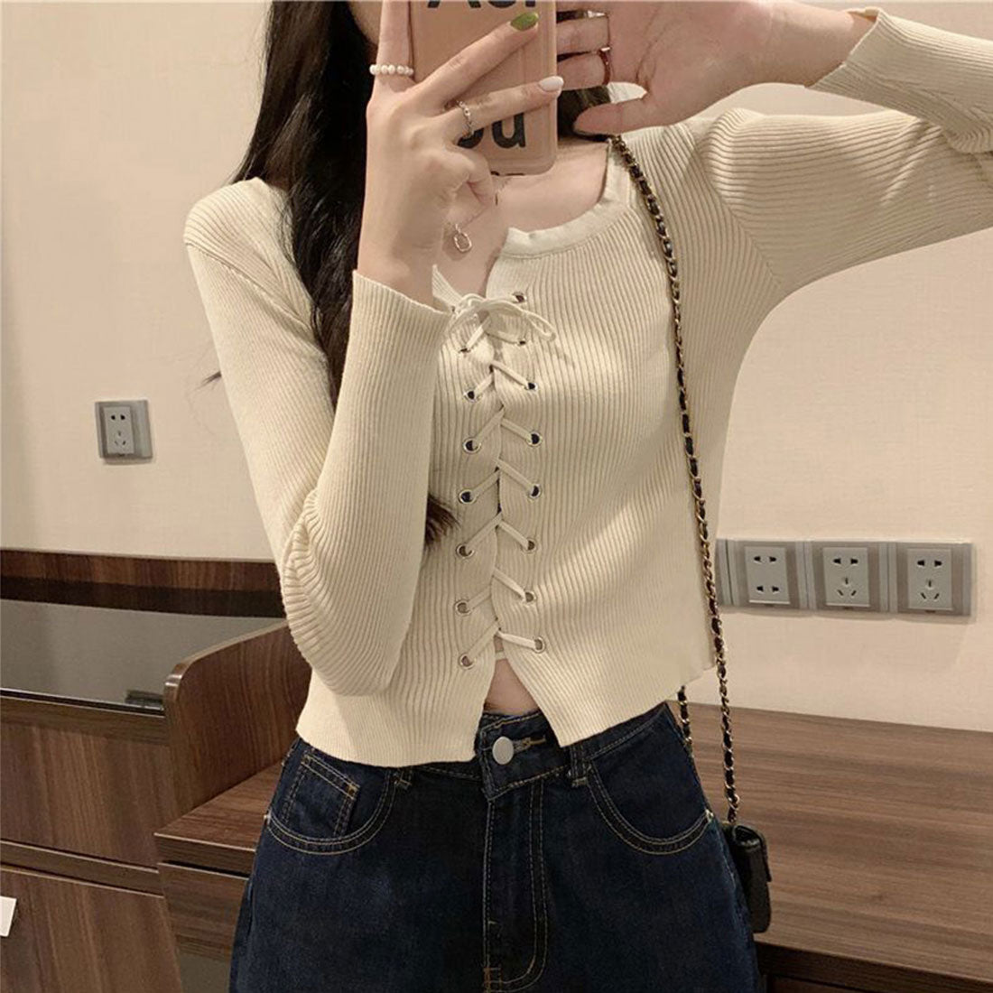 Knit top with front lace-up for fall