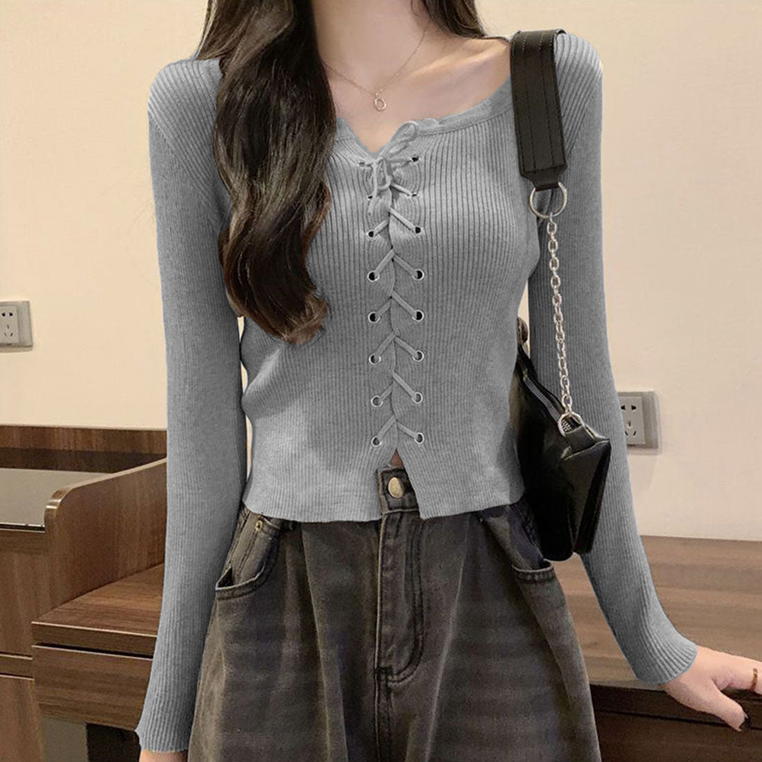 トップス f_ma Knit top with front lace-up for fall