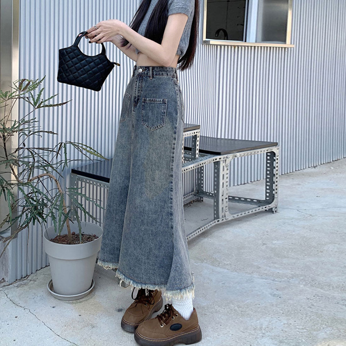 デニムスカート ロング Aラインスカート レトロブルー