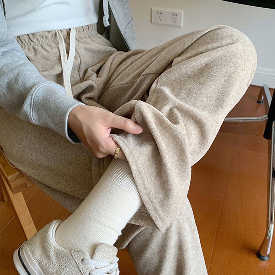 セミワイドパンツ 秋冬ルームウェア 韓国,モカベージュ