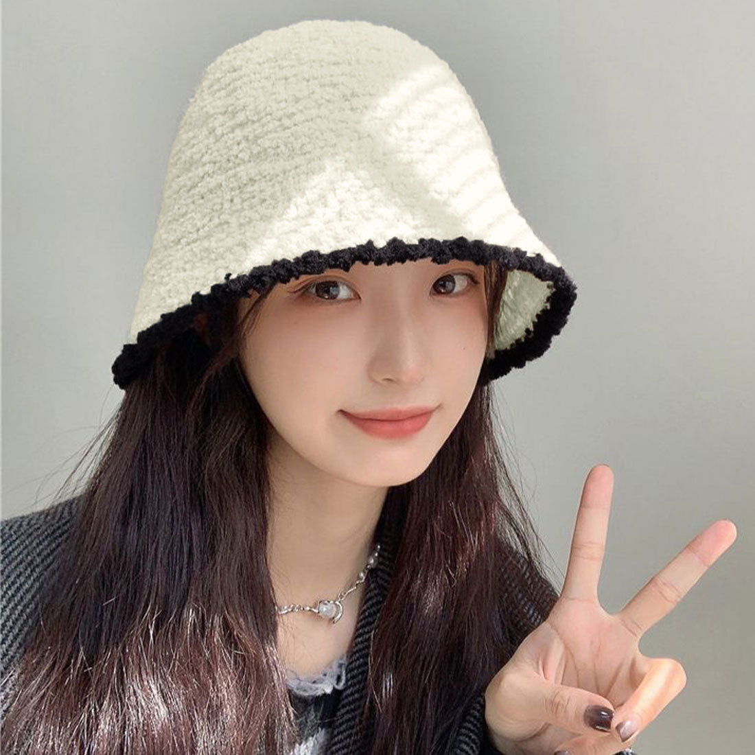ファー帽子 バケットハット 秋冬 韓国風 アイボリー