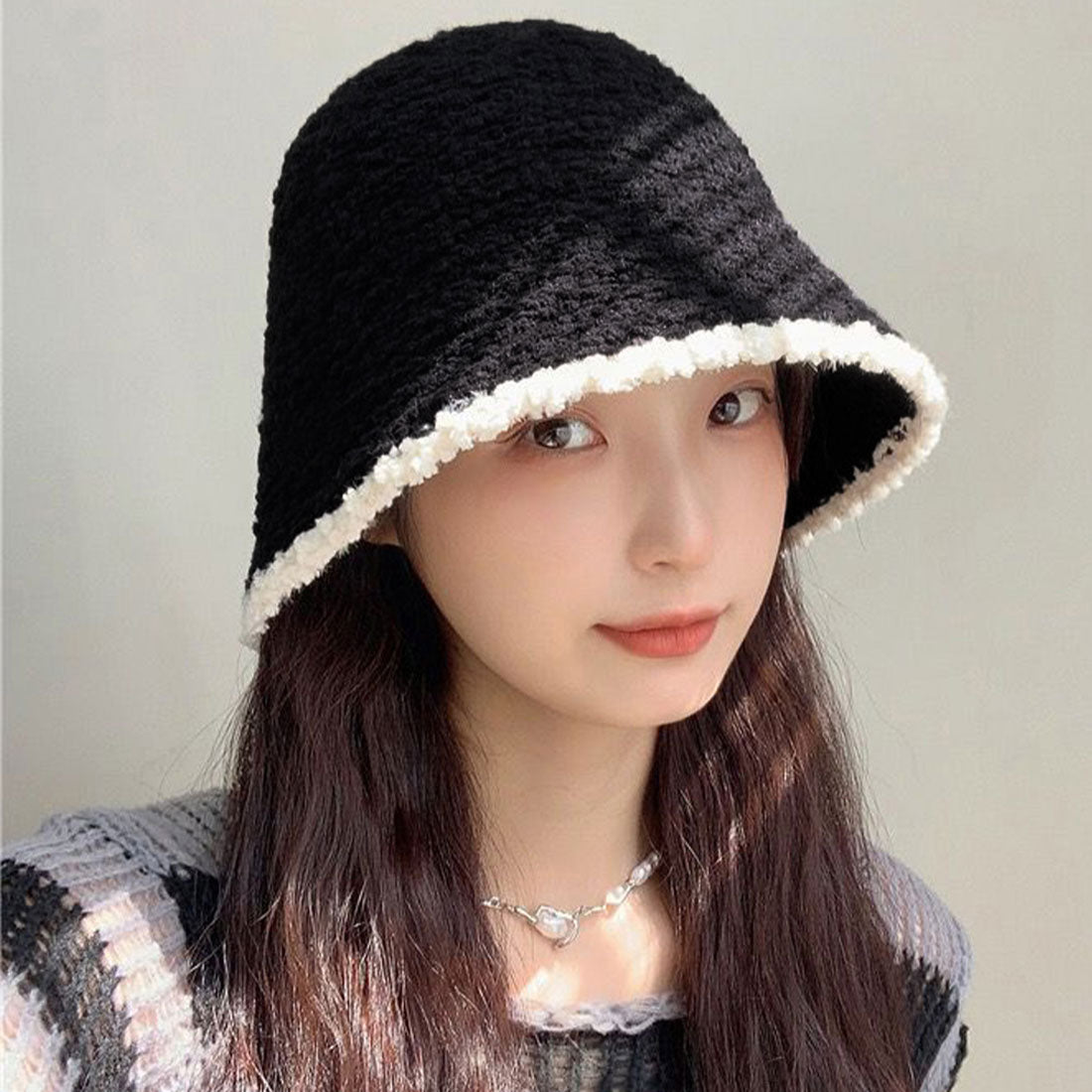 ファー帽子 バケットハット 秋冬 韓国風 アイボリー