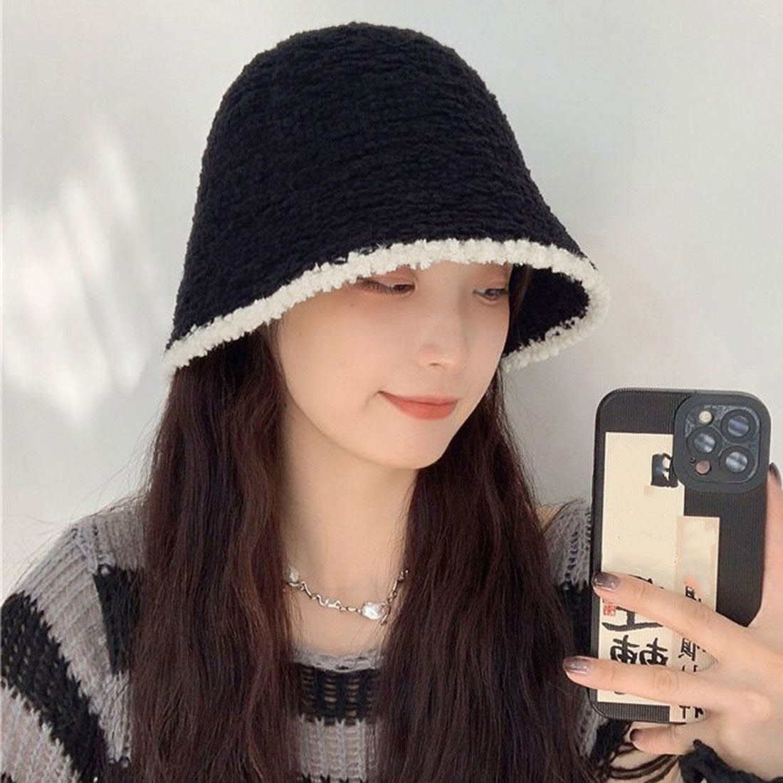 ファー帽子 バケットハット 秋冬 韓国風 アイボリー