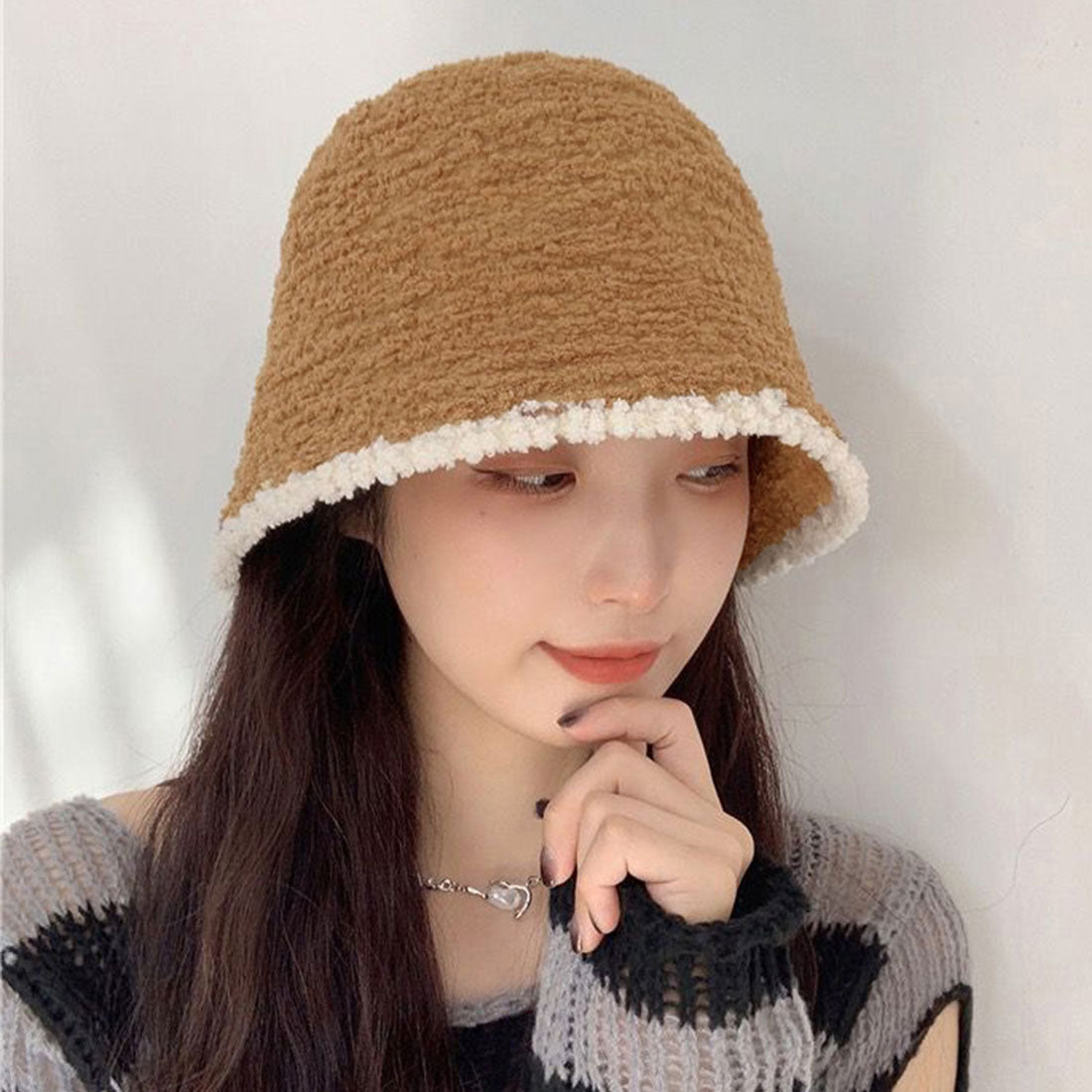 ファー帽子 バケットハット 秋冬 韓国風 アイボリー