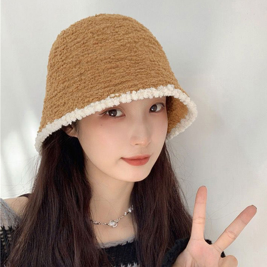 ファー帽子 バケットハット 秋冬 韓国風 キャメル