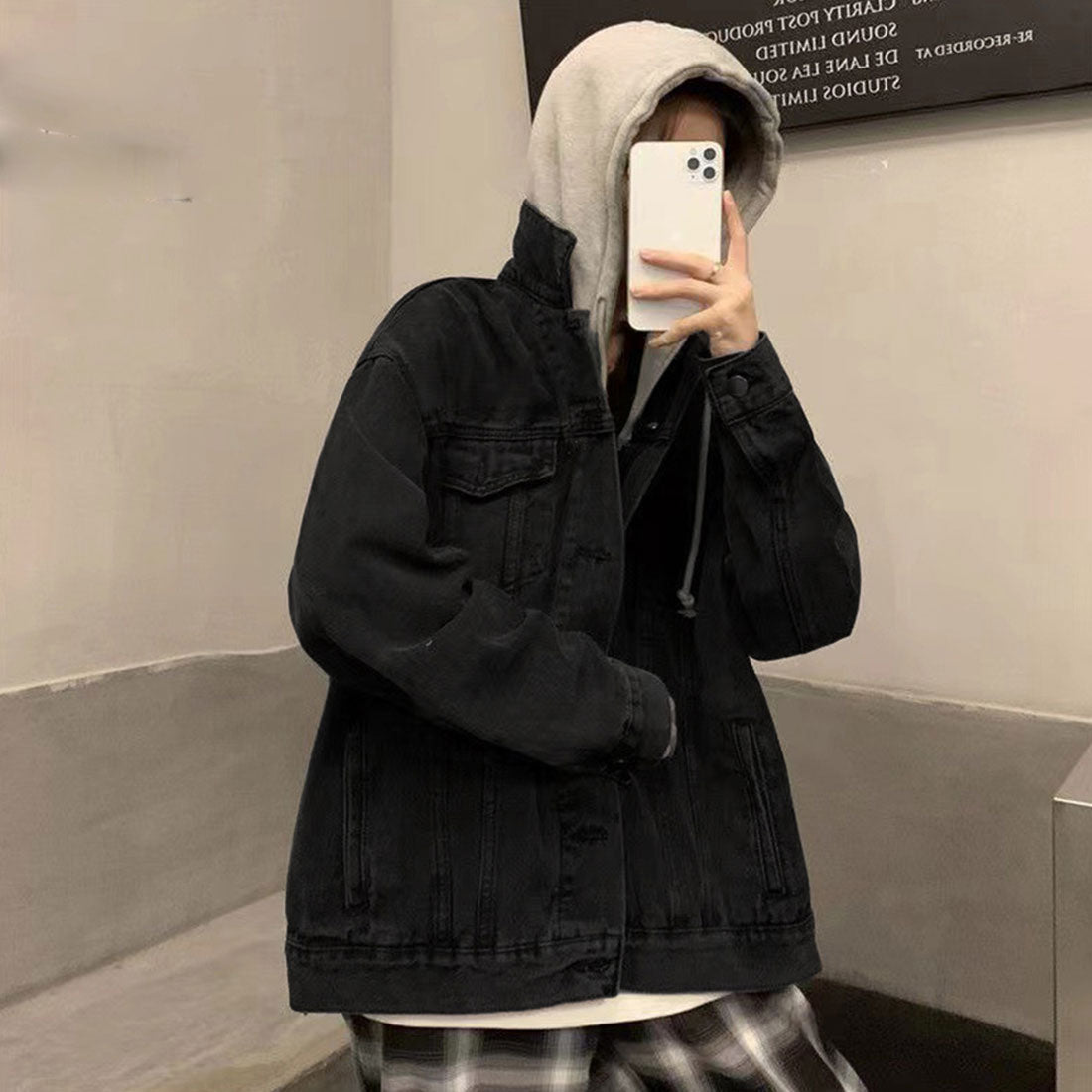 韓国デニムジャケット フード付き 大きい ブラック