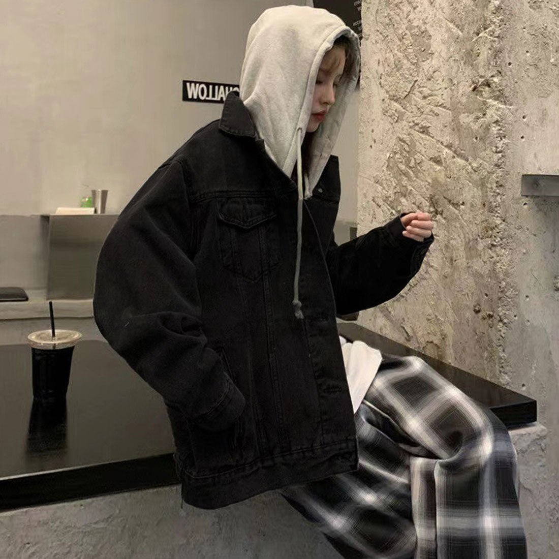 韓国デニムジャケット フード付き 大きい ブラック